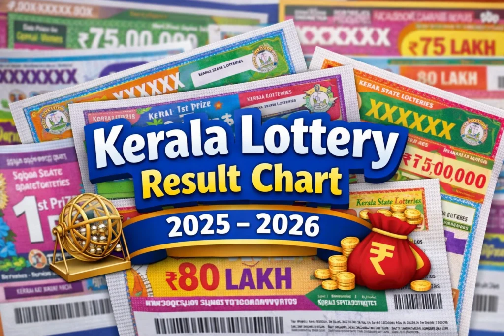 Kerala Lottery Chart 2025 and 2026 with colorful lottery tickets background